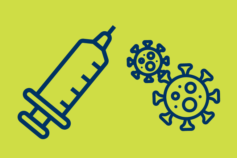  Illustration of a syringe beside three virus particles