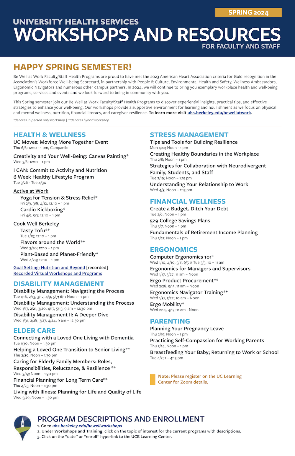 Be Well at Work Flyer with Workshop Descriptions