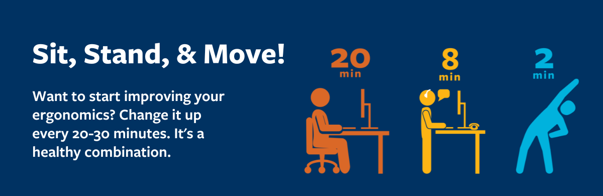 Sit, Stand, & Move! Want to start improving your ergonomics? Change it up every 20-30 minutes. It's a healthy combination.