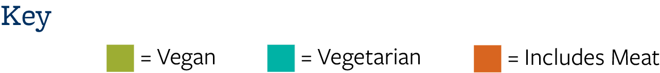 color code key. teal is vegetarian. green is vegan. orange includes meat.