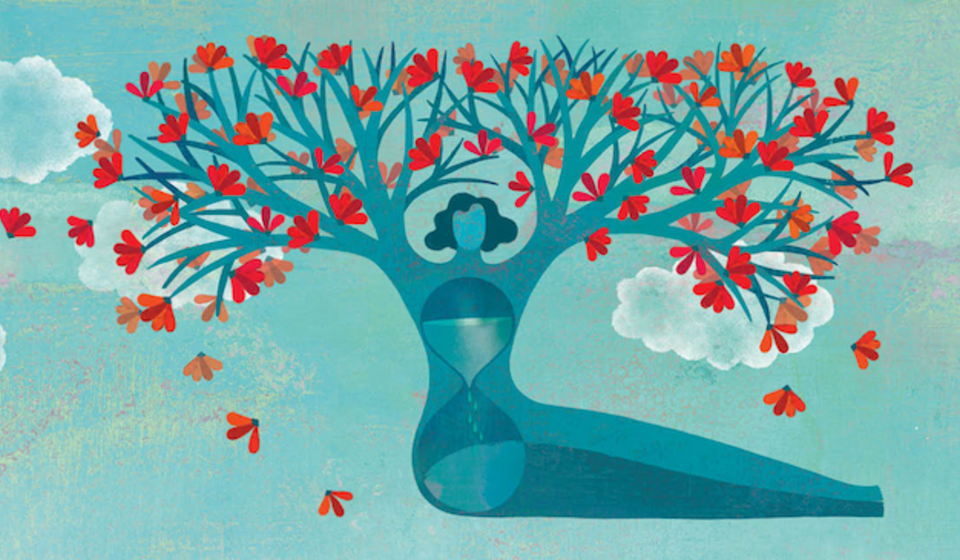 A image of a woman sitting with her arms raised. Her hands form into branches with red flowers