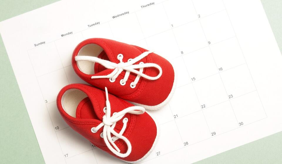 a pair of red baby shoes sitting on a calendar month