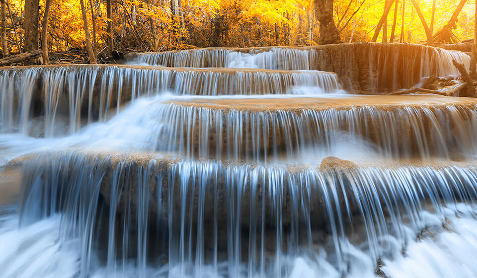 A rushing river flowing over rocks creating a waterfall, the trees in the background are a golden hue